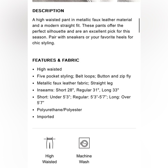 Express Silver High Waisted Metallic Faux Leather Modern Straight Pant NEW - Picture 6 of 7